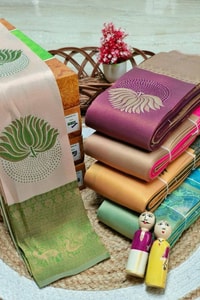 Half and Half Banarasi Soft Silk Saree with Lotus Zari Buttas and Brocade Lower Body  in Surat