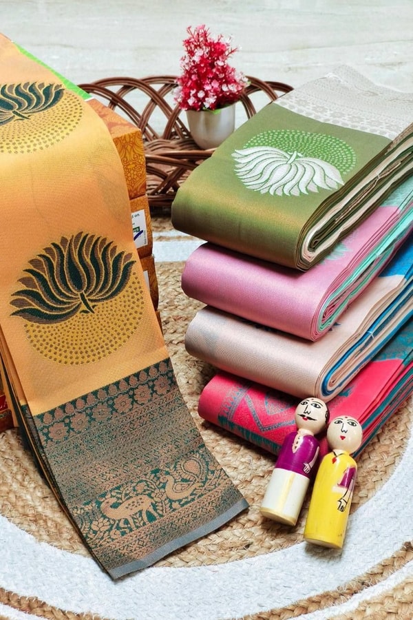 Half and Half Banarasi Soft Silk Saree with Lotus Zari Buttas and Brocade Lower Body  in Surat