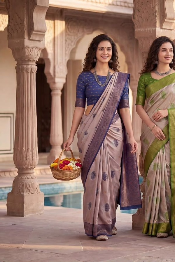 Half and Half Banarasi Soft Silk Saree with Lotus Zari Buttas and Brocade Lower Body  in Surat