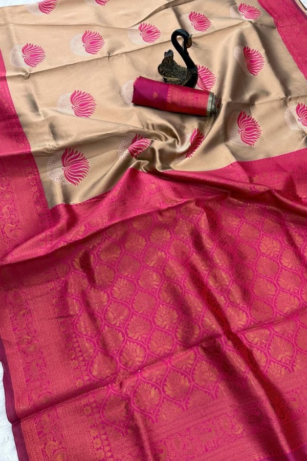 Half and Half Banarasi Soft Silk Saree with Lotus Zari Buttas and Brocade Lower Body  in Surat