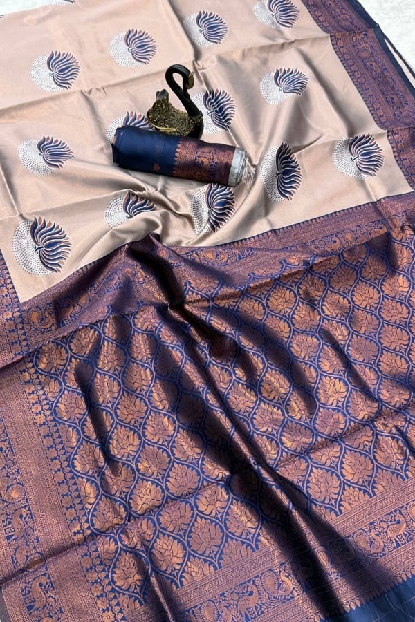 Half and Half Banarasi Soft Silk Saree with Lotus Zari Buttas and Brocade Lower Body  in Surat