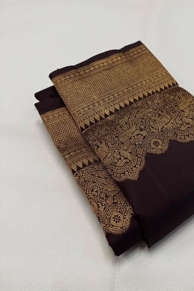 Heavy Brocade Border Banarasi Soft Silk Saree with Gold Zari Buttas in Coffee and Wine in Surat