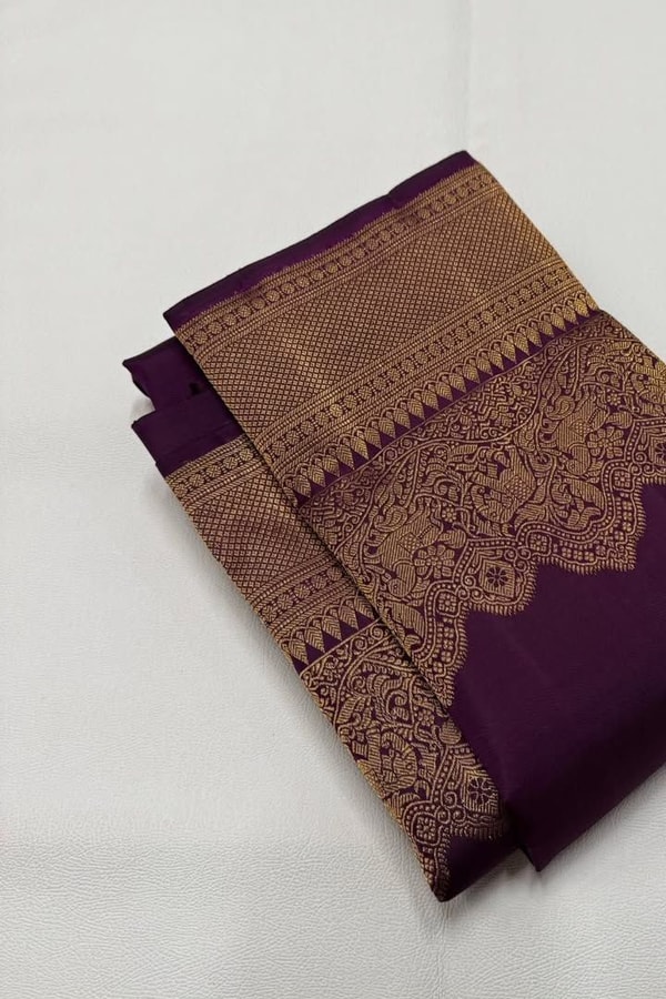 Heavy Brocade Border Banarasi Soft Silk Saree with Gold Zari Buttas in Coffee and Wine  in Surat
