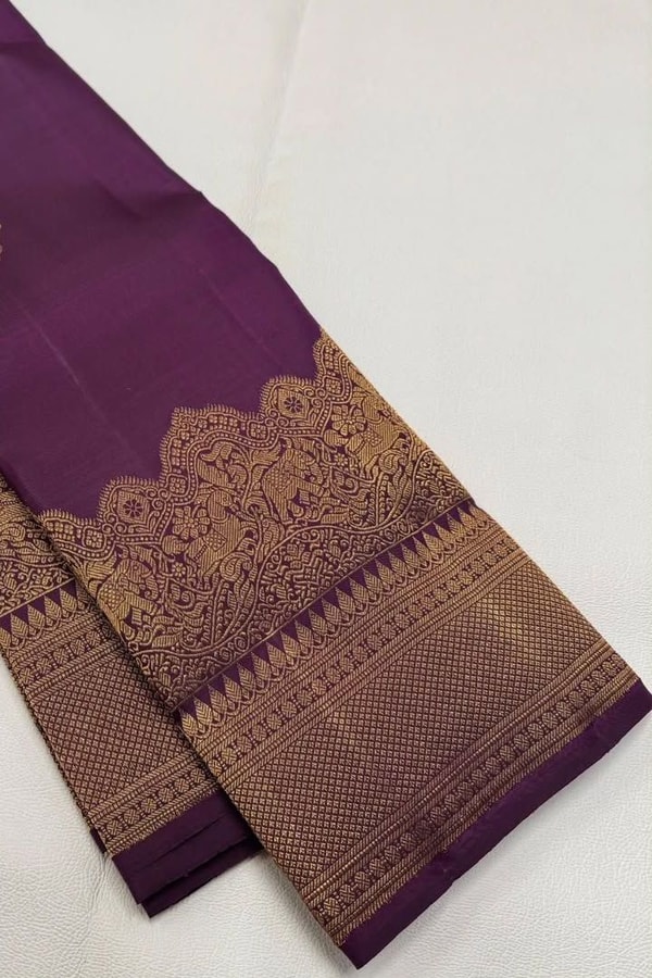 Heavy Brocade Border Banarasi Soft Silk Saree with Gold Zari Buttas in Coffee and Wine  in Surat
