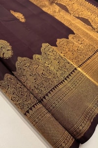 Heavy Brocade Border Banarasi Soft Silk Saree with Gold Zari Buttas in Coffee and Wine  in Surat