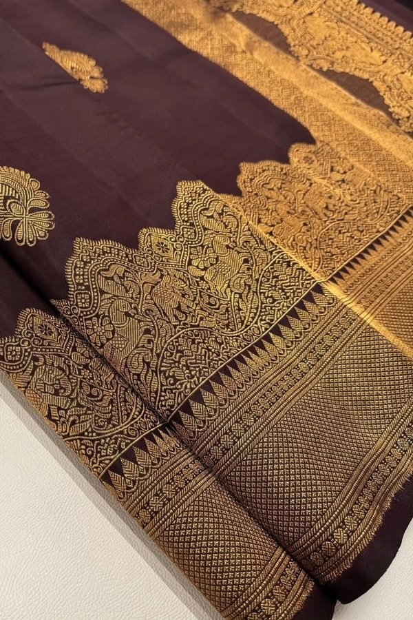 Heavy Brocade Border Banarasi Soft Silk Saree with Gold Zari Buttas in Coffee and Wine  in Surat
