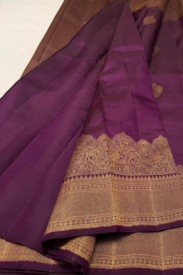 Heavy Brocade Border Banarasi Soft Silk Saree with Gold Zari Buttas in Coffee and Wine  in Surat