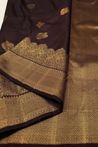 Heavy Brocade Border Banarasi Soft Silk Saree with Gold Zari Buttas in Coffee and Wine  in Surat