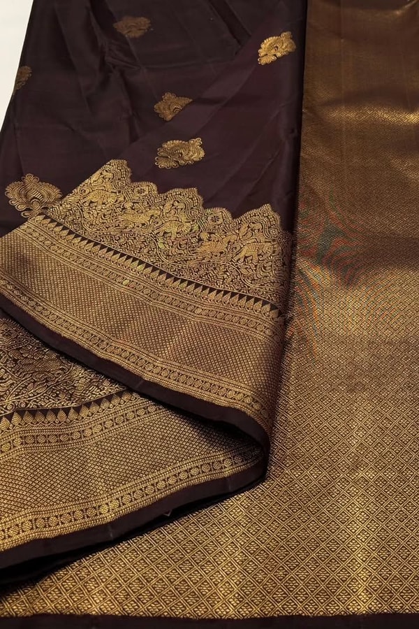 Heavy Brocade Border Banarasi Soft Silk Saree with Gold Zari Buttas in Coffee and Wine  in Surat