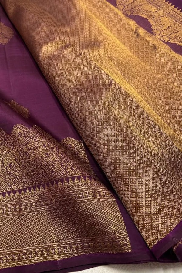 Heavy Brocade Border Banarasi Soft Silk Saree with Gold Zari Buttas in Coffee and Wine  in Surat