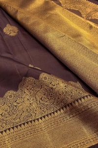Heavy Brocade Border Banarasi Soft Silk Saree with Gold Zari Buttas in Coffee and Wine  in Surat