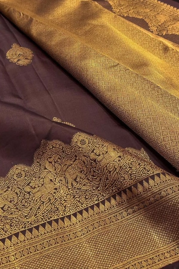 Heavy Brocade Border Banarasi Soft Silk Saree with Gold Zari Buttas in Coffee and Wine  in Surat