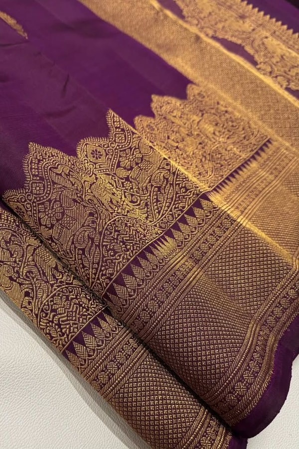 Heavy Brocade Border Banarasi Soft Silk Saree with Gold Zari Buttas in Coffee and Wine  in Surat