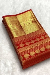 Horizontal Zari Band Banarasi Soft Silk Saree with Lotus and Mango Motifs in Red and Wine  in Surat
