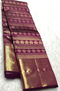 Horizontal Zari Band Banarasi Soft Silk Saree with Lotus and Mango Motifs in Red and Wine  in Surat