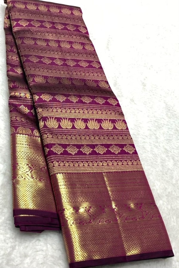 Horizontal Zari Band Banarasi Soft Silk Saree with Lotus and Mango Motifs in Red and Wine  in Surat