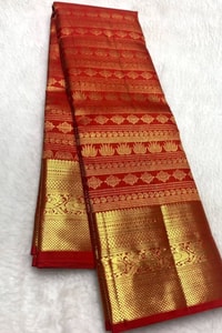 Horizontal Zari Band Banarasi Soft Silk Saree with Lotus and Mango Motifs in Red and Wine  in Surat