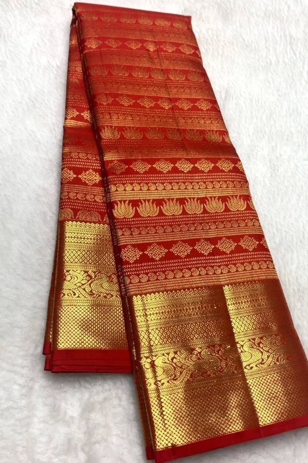 Horizontal Zari Band Banarasi Soft Silk Saree with Lotus and Mango Motifs in Red and Wine  in Surat