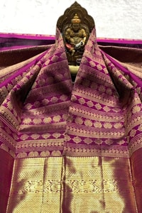 Horizontal Zari Band Banarasi Soft Silk Saree with Lotus and Mango Motifs in Red and Wine  in Surat
