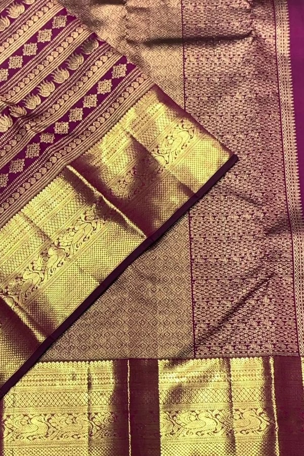 Horizontal Zari Band Banarasi Soft Silk Saree with Lotus and Mango Motifs in Red and Wine  in Surat