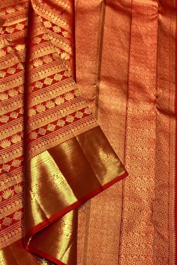 Horizontal Zari Band Banarasi Soft Silk Saree with Lotus and Mango Motifs in Red and Wine  in Surat