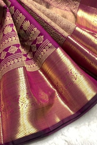 Horizontal Zari Band Banarasi Soft Silk Saree with Lotus and Mango Motifs in Red and Wine  in Surat