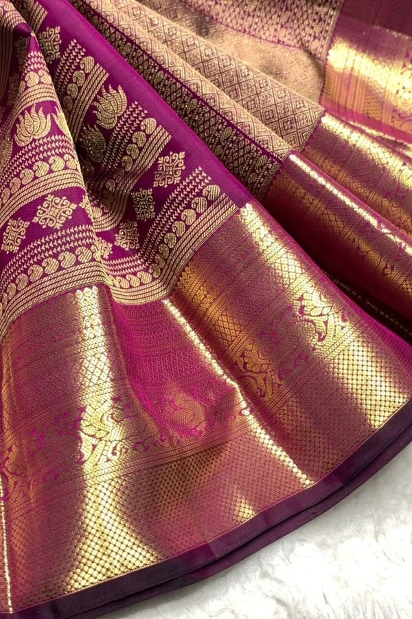 Horizontal Zari Band Banarasi Soft Silk Saree with Lotus and Mango Motifs in Red and Wine  in Surat
