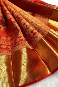Horizontal Zari Band Banarasi Soft Silk Saree with Lotus and Mango Motifs in Red and Wine  in Surat