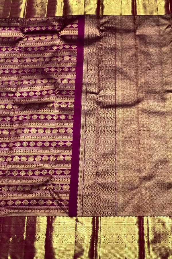 Horizontal Zari Band Banarasi Soft Silk Saree with Lotus and Mango Motifs in Red and Wine  in Surat