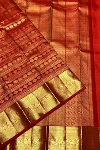Horizontal Zari Band Banarasi Soft Silk Saree with Lotus and Mango Motifs in Red and Wine  in Surat