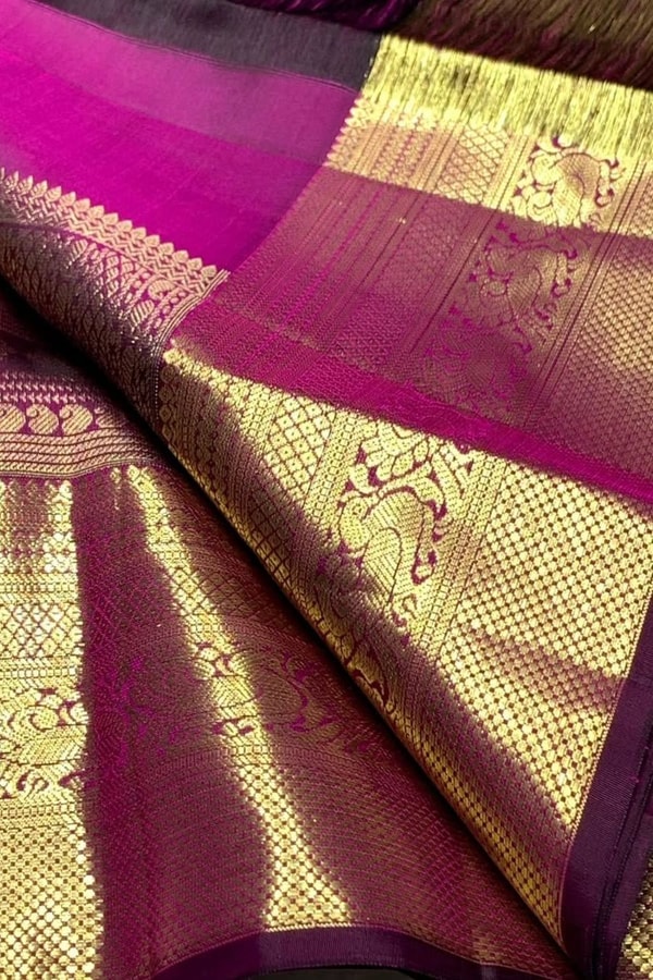 Horizontal Zari Band Banarasi Soft Silk Saree with Lotus and Mango Motifs in Red and Wine  in Surat