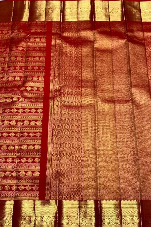 Horizontal Zari Band Banarasi Soft Silk Saree with Lotus and Mango Motifs in Red and Wine  in Surat