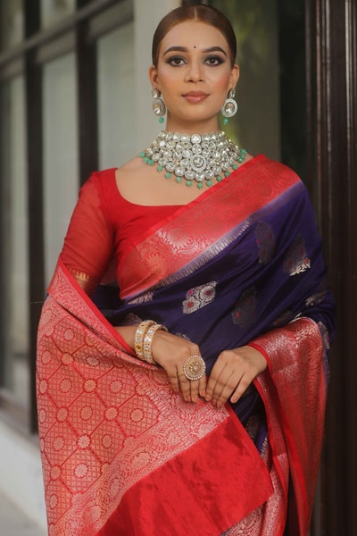 Indigo Banarasi Soft Silk Saree with Meenakari Floral Buttas and Red Brocade Pallu in Surat