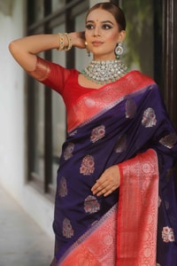 Indigo Banarasi Soft Silk Saree with Meenakari Floral Buttas and Red Brocade Pallu  in Surat