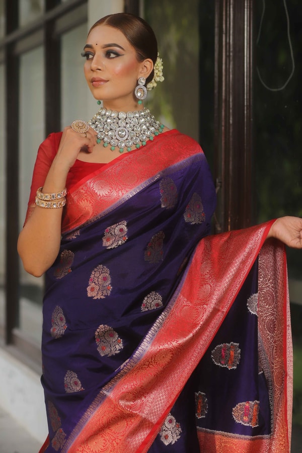 Indigo Banarasi Soft Silk Saree with Meenakari Floral Buttas and Red Brocade Pallu  in Surat