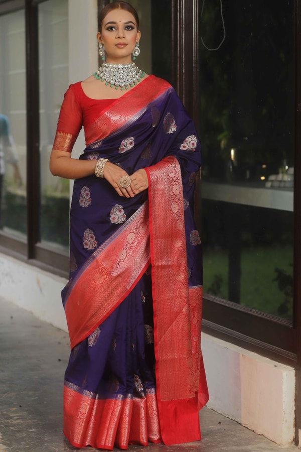 Indigo Banarasi Soft Silk Saree with Meenakari Floral Buttas and Red Brocade Pallu  in Surat