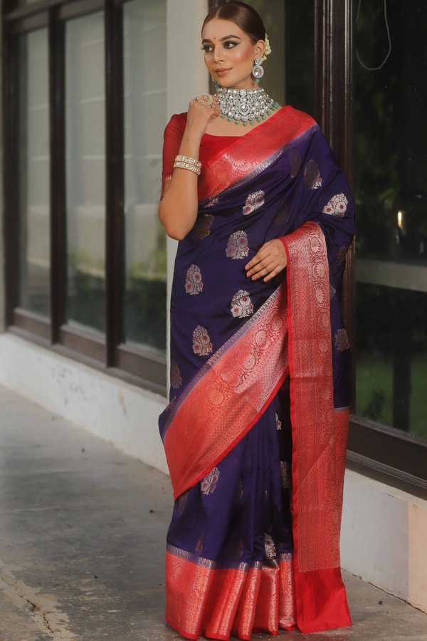Indigo Banarasi Soft Silk Saree with Meenakari Floral Buttas and Red Brocade Pallu  in Surat