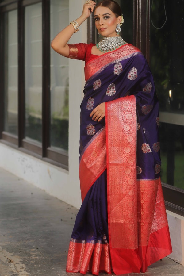 Indigo Banarasi Soft Silk Saree with Meenakari Floral Buttas and Red Brocade Pallu  in Surat