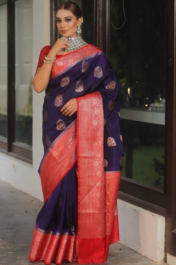 Indigo Banarasi Soft Silk Saree with Meenakari Floral Buttas and Red Brocade Pallu  in Surat