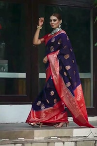 Indigo Banarasi Soft Silk Saree with Meenakari Floral Buttas and Red Brocade Pallu  in Surat video 1