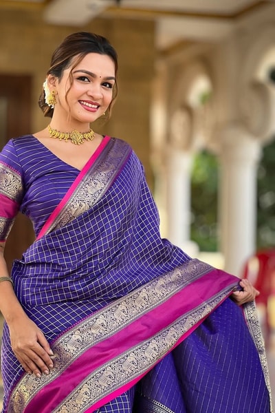 Indigo Blue Banarasi Soft Silk Saree with Contrast Pink Zari Border and Woven Butti Body in Surat