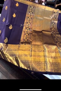 Indigo Blue Banarasi Soft Silk Saree with Gold Zari Buttas and Mustard Checked Pallu  in Surat