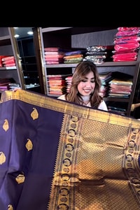Indigo Blue Banarasi Soft Silk Saree with Gold Zari Buttas and Mustard Checked Pallu  in Surat
