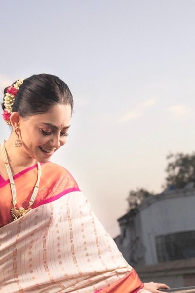 Ivory Pinstripe Banarasi Soft Silk Saree with Contrast Rani Pink Border and Copper Zari in Surat