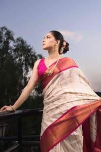 Ivory Pinstripe Banarasi Soft Silk Saree with Contrast Rani Pink Border and Copper Zari  in Surat