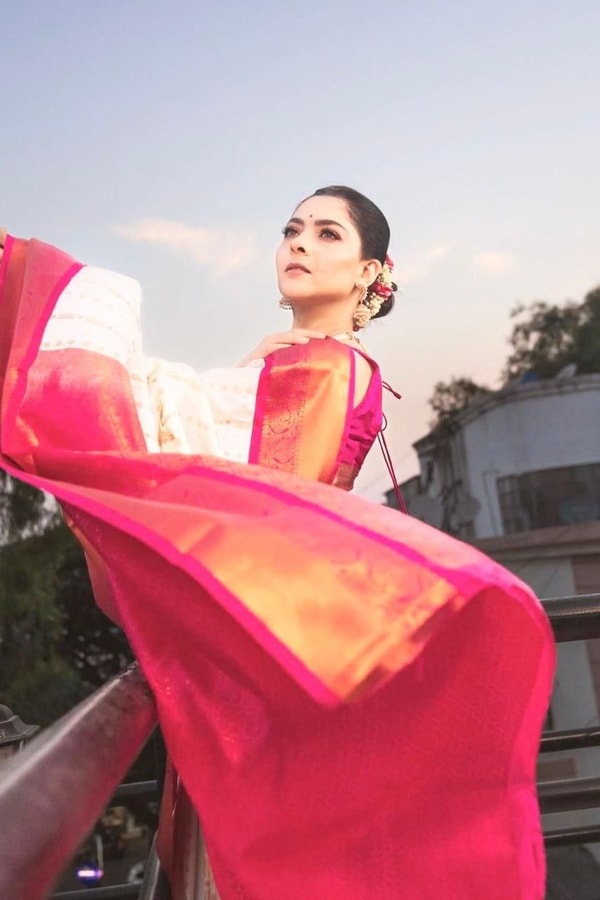 Ivory Pinstripe Banarasi Soft Silk Saree with Contrast Rani Pink Border and Copper Zari  in Surat
