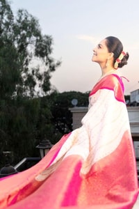Ivory Pinstripe Banarasi Soft Silk Saree with Contrast Rani Pink Border and Copper Zari  in Surat