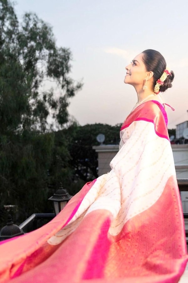Ivory Pinstripe Banarasi Soft Silk Saree with Contrast Rani Pink Border and Copper Zari  in Surat