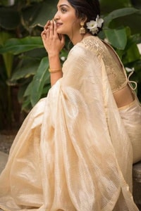 Ivory Tissue-Look Banarasi Soft Silk Saree with All-Over Fine Gold Zari Pinstripes  in Surat