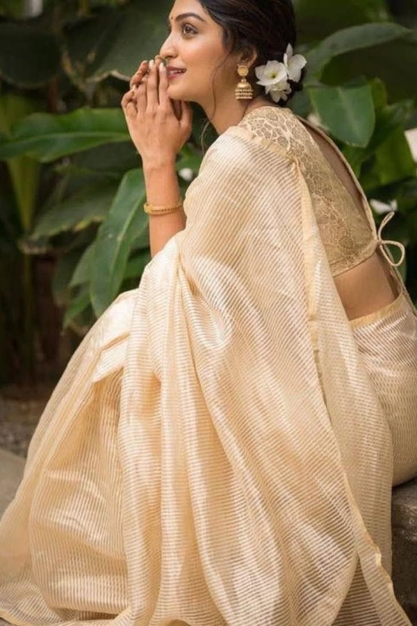 Ivory Tissue-Look Banarasi Soft Silk Saree with All-Over Fine Gold Zari Pinstripes  in Surat